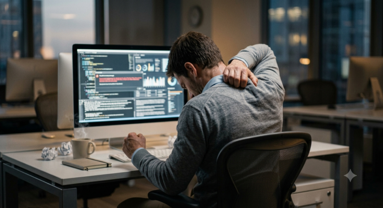 Office worker experiencing neck and shoulder pain from long hours at desk