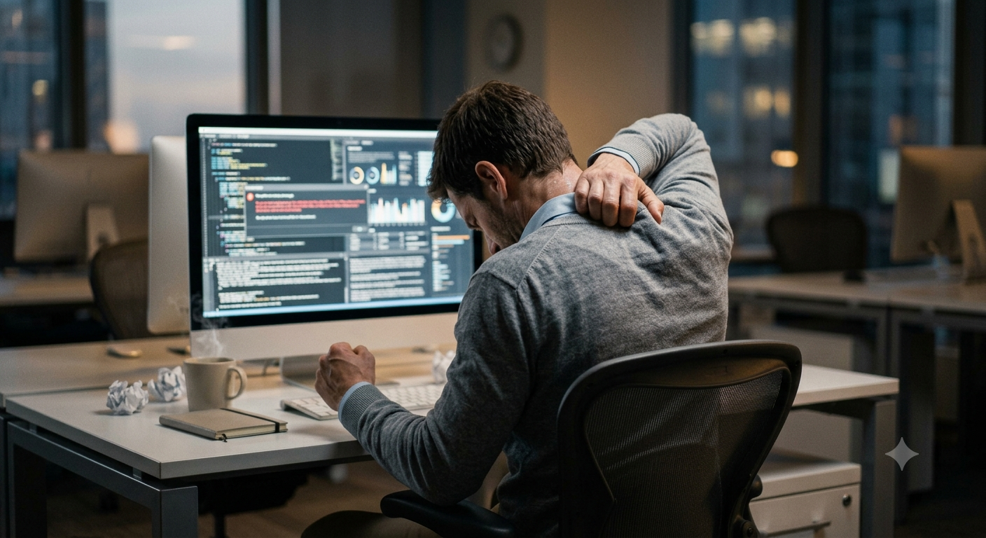 Office worker experiencing neck and shoulder pain from long hours at desk