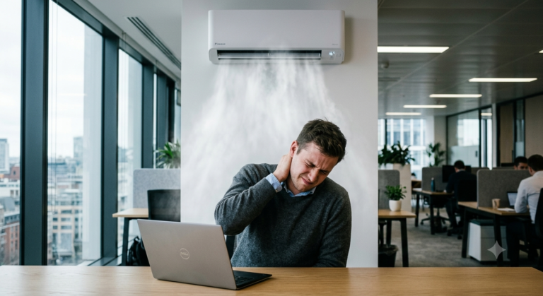 Office worker experiencing severe neck and shoulder pain from blasting air con during amber heat warning, requiring sports massage Manchester.