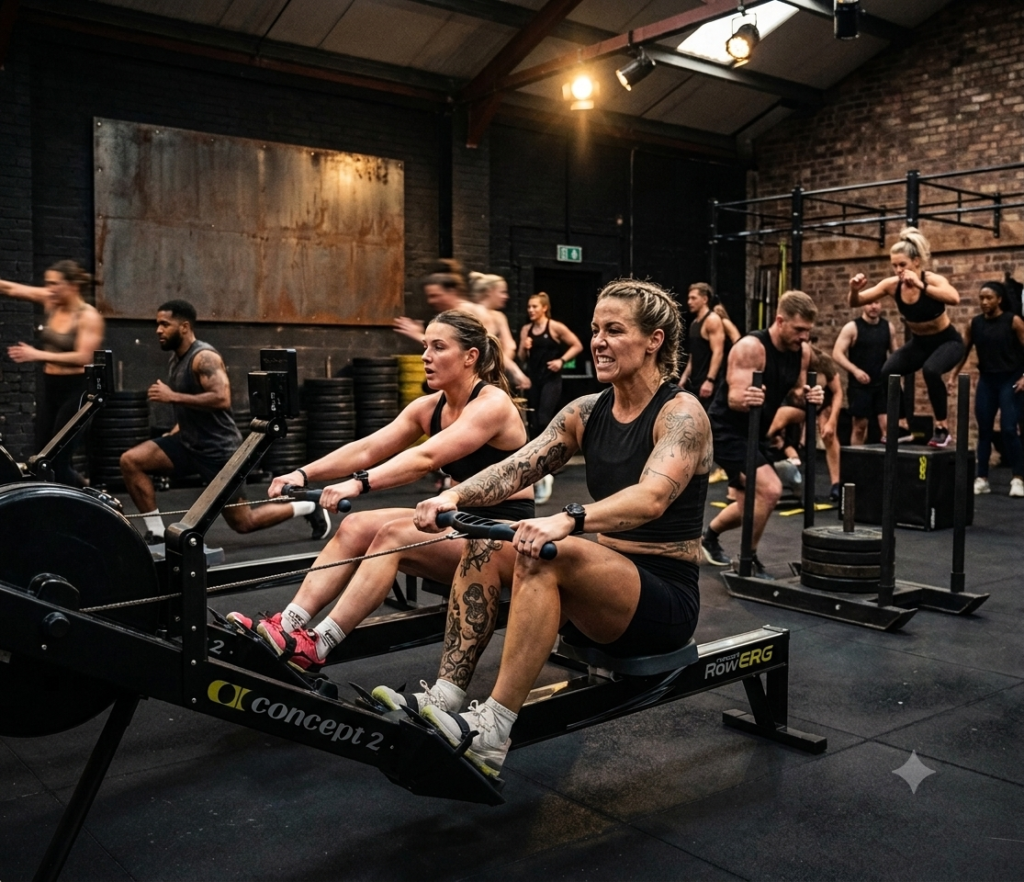Surviving Manchester: A Sports Therapist’s Guide to Injury Prevention for the UK’s First DEKA FIT Ultra 2 Athletes pushing through intense cardiovascular and functional training on a Concept2 RowErg machine, requiring post-DEKA Manchester sports massage recovery.