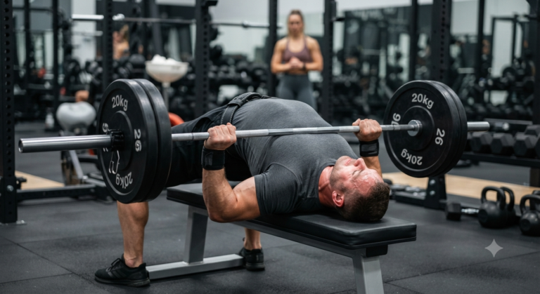 Man performing bench press with proper scapular retraction and tucked elbows to avoid shoulder impingement bench press pain