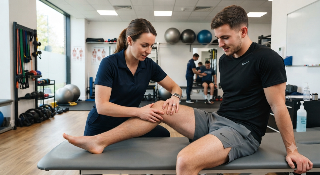 sports therapy clinic assessing knee injury and acl rehabilitation
