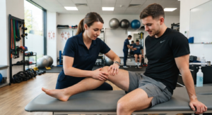 sports therapy clinic assessing knee injury and acl rehabilitation